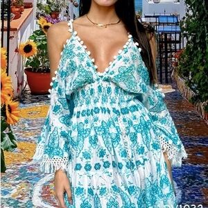 ANTICA SARTORIA AQUA & WHITE DRESS COLD SHOULDER V NECK DRESS NWT O/S